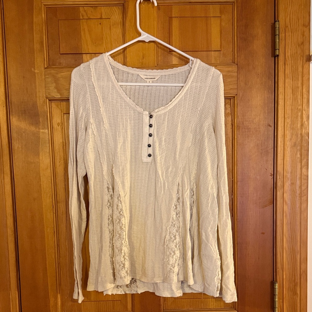 Lucky Brand Ivory Long Sleeve Top with Lace Detail